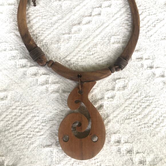 Handmade Carved Wood Pendant Necklace Adjustable Cord Boho 3" Charm Hippie - Picture 6 of 8